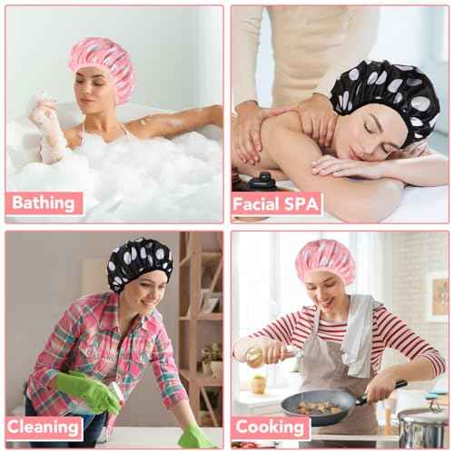 WSICSE 2 Packs Large Shower Caps for Women, Waterproof Shower Cap Double Layers Bath Caps with Hair Scrunchies for Long Thick Hair