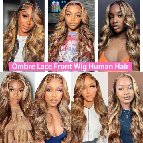 SWEETGIRL 13x6 Lace Front Wigs Human Hair Highlight Ombre Lace Front Wig Human Hair Honey Blonde Colored Hd Lace Frontal Wigs for Women Pre Plucked Body Wave Wig 180 Density 24 Inch P4/27