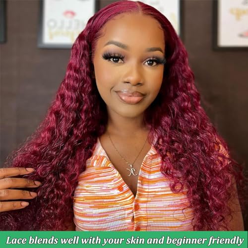 Burgundy Lace Front Wigs Human Hair 24Inch Brazilian Virgin Deep Wave Red Lace Front Wigs Human Hair 180% Density 99j Burgundy Frontal Wig Human Hair(24Inch, 99j Burgundy)