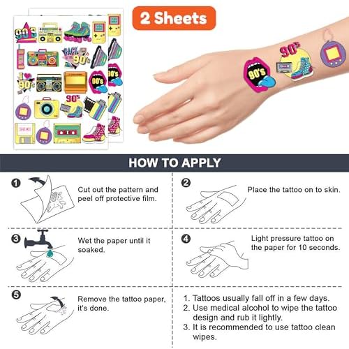 90s 80s Glitter Temporary Tattoos Themed 40PCS Birthday Party Decorations Favors Supplies Decor Retro Skate Tattoo Stickers Gifts for Kids Children Girl Boys Adults School Rewards Home Activity Prizes