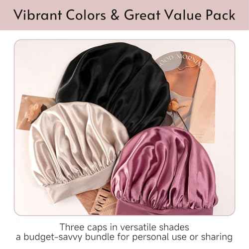 Yanideer 3 pcs Satin Bonnet Silk Bonnet for Sleeping Double Layer Satin Lined Hair Bonnet with Tie Band for Women Curly Hair