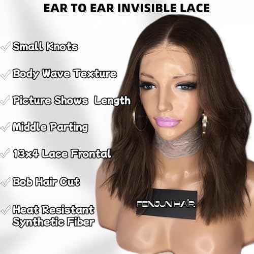 Ombre Brown Lace Front Wigs for Black Women Pre plucked Ready to Wear 13x4 HD Lace Frontal with Dark Roots Bob Hair Cut Natural Looking Synthetic Heat Resistant Fiber Wig