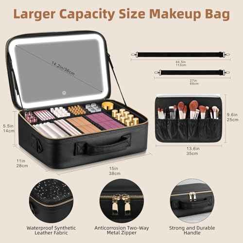 15''X11'' Large Capacity Makeup Bag with LED Mirror, Professional Makeup Case Organizer with 3 Color Light Adjustable Brightness, Travel Make up Cosmetic Case with Detachable Dividers & Shoulder Strap
