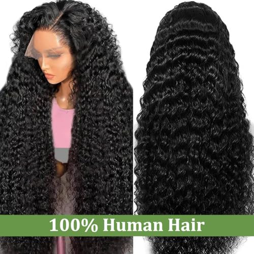 ITODAY 13x6 Deep Wave Lace Front Wigs Human Hair 200% Density 24 Inch Curly Human Hair Wig for Women Natural Black HD Transparent Lace Glueless Frontal Wigs Pre Plucked Natural Color