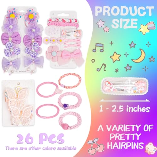 26pcs Hairpins and Hair Bands for Kids Toddler, Butterfly Hair Clips for Teen Girls Kids, Trendy Hairpin for Childs, Hair Clip for Toddlers, Birthday Gift for 4 5 6 7 8 Year Old Girl Hairclips (Pink)