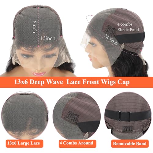 24 Inch Deep Wave Lace Front Wigs Human Hair 13x6 HD Lace Front Wigs for Women Natural Color Deep Curly Human Hair Wig 180% Density Transparent Lace Frontal Wig Pre Plucked