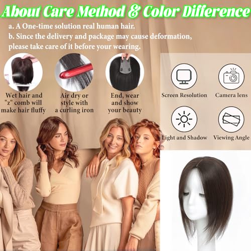 Rootoo Hair Toppers for Women Real Human Hair, 18 Inch Realistic Biological Scalp Topper Hair Pieces for Women with Thinning Crown with Middle Part Clip in Bangs Big Base 360¡Æ Cover (Black)