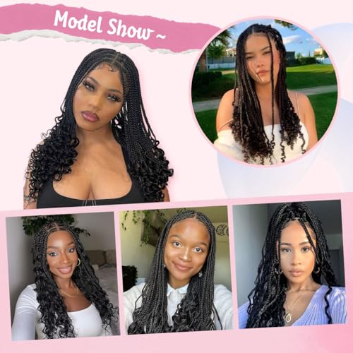 18 Inch Braided Wigs With Curly Ends, 360 Single Full Lace French Curl Braided Wigs for Black Women Knotless Box Braid Wig with Baby's Hair