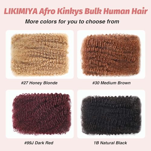 Afro Kinkys Bulk Human Hair for Mini Twist Braiding Braids Locs Dreadlock Extensions Afro Kinky-Curly Human Braiding Hair Bundles For Men Women Kids 16 Inch 4 Bulks 120g #1B Natural Black Soft Fluffy