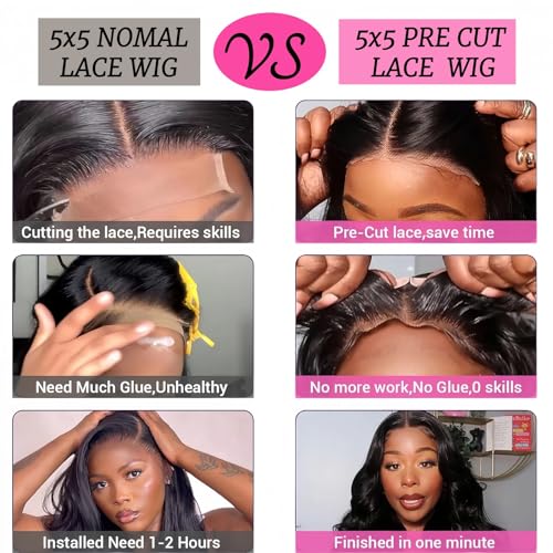 Glueless Wigs Human Hair Pre Plucked Pre Cut 5x5 Closure Wigs Human Hair For Beginners 200 Density HD Lace Front Wigs Body Wave For Black Women With Baby Hair (Glueless Wig, 22 Inch)