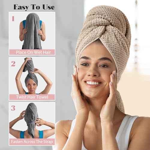 MABAO 2 Pack Microfiber Hair Towel Wrap for Women, Quick Dry Hair Turban Towel with Elastic Band, Microfiber Plopping Towel for Curly Hair, Stocking Stuffers for Women (Gray, Camel)