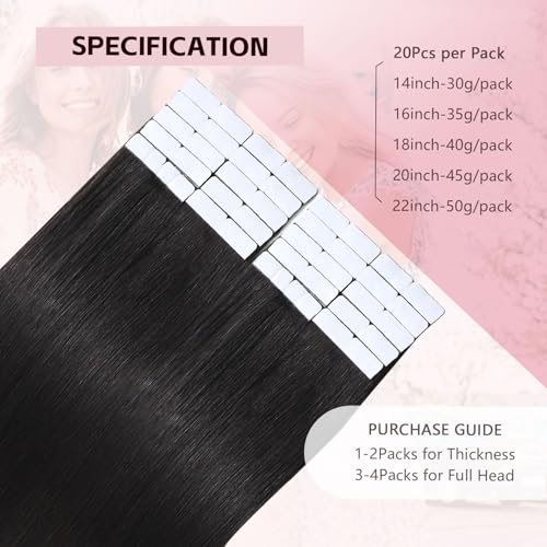 Invisible Tape in Hair Extensions Real Human Hair 3rd-Generation Pro3.0#1B Natural Black 20pcs 50g 22inch Seamless Insert Hand-Tied Invisi Edge Tape ins Extension£¨#1B-22inch£©
