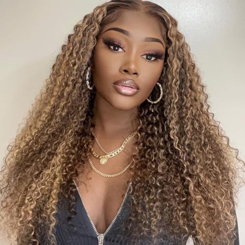 Honey Blonde 13x6 Deep Curly Lace Front Wigs Human Hair Pre Plucked Curly Frontal Wig 26 inch 4/27 Highlight Ombre Deep Jerry Curly HD Lace Front Wigs 180% Density Curly Lace Front Wig for Women