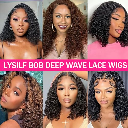Bob Wig Human Hair 13x6 Deep Wave HD Lace Front Wigs Human Hair 250% Density Bob Curly Lace Frontal Wigs Brazilian Virgin Human Hair Wigs Pre Plucked with Baby Hair (Natural Color,10Inch)