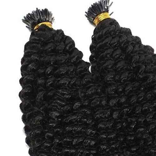 Long Kinky Curly Pre Bonded Fusion I Tip Human Hair Extension Mongolian Human Hair I Tip Hair Extensions 100g/100 strands (22inch 100Strands, #Natural Color)