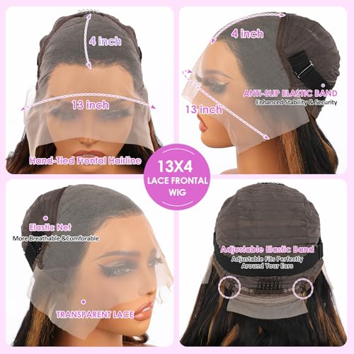 Highlight Ombre Lace Front Wig Human Hair Body Wave Lace Front Wigs Human Hair Pre Plucked 13x4 1B/30 Brown Highlight Wig 200 Density Colored 26 Inch Balayage Wigs for Women
