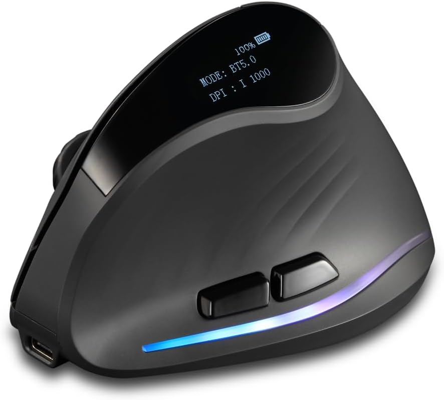 zelotes Bluetooth Wireless Mouse with Display,4000DPI,2-in-1(BT 5.0/3.0+2.4Ghz),Rechargeable,3 Device Connection,6 Buttons Vertical Ergonomic Mouse,Portable Mouse for PC,Laptop,Tablets