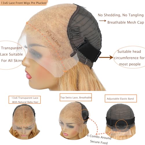 Honey Blonde Lace Front Wig 13x6 HD Lace Front Wigs Human Hair Pre Plucked 27# Blonde Body Wave Lace Wig 180 Density Colored Glueless Frontal Wigs For Black Women Human Hair 13x6 24 Inch