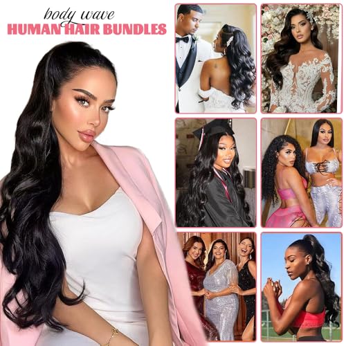 14A Body Wave Human Hair Bundles 14 16 18 20 Inch Bundles Human Hair 100% Unprocessed Brazilian Virgin Hair Body Wave 4 Bundles Human Hair Extensions for Women Natural Color Quick Weave
