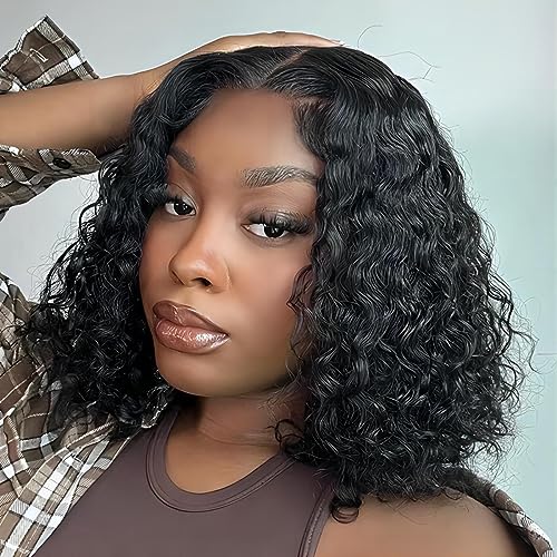 ISEE Wear and Go Glueless Wigs Bob Wigs Human Hair Pre Plucked Water Wave Lace Front Wigs Human Hair Upgraded No Glue Transparent Lace Closure Wigs Human Hair for Women Natural Black 14 Inch
