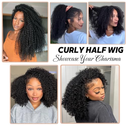 Kinky Curly Half Wig Human Hair 3 in 1 Glueless Wear And Go Human Hair Half Wigs For Women Seamless Flip Over Drawstring Headband Wig 180% Density Beginner Friendly 1B 18inch