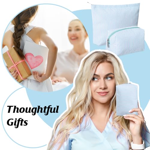 2 Pieces Makeup Bag Set Cute Cosmetic Pouch for Women Seersucker Travel Toiletry Bag Preppy Small Makeup Purse Pouch Aesthetic Skincare Brushes Storage Organizer for Women(Light Blue)