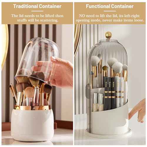 1PCS Makeup Brush Holder Organizer with Clear Lid 360 Rotating Sliding Opening Dustproof Brushes Container for Vanity
