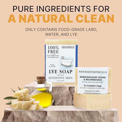 Grandma¡¯s Pure Lye Soap Bar for Sensitive Skin, Unscented 6 oz ? 12 Pack | Face & Body Wash for Dry, Itchy Skin | Free of Dyes, Detergents & Fragrance + Bonus Baby Powder Air Freshener