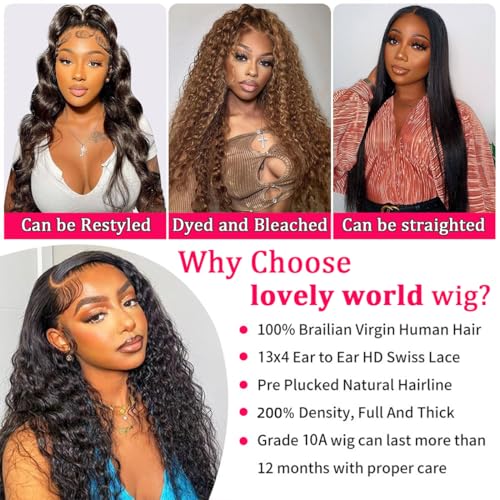 Lovelyworld 24 inch Deep Wave Lace Front Wigs Human Hair 200 Density 13X4 HD Deep Curly Lace Front Human Hair Wigs for Women