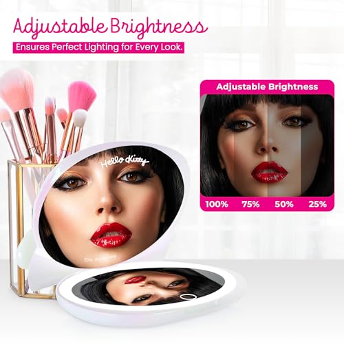 Impressions Vanity Hello Kitty Kawaii Lighted Compact Mirror for Purses, Double Sided Travel Makeup Mirror with 2X Magnification, Adjustable LED Lighting and Soft Touch Switch (Iridescent)