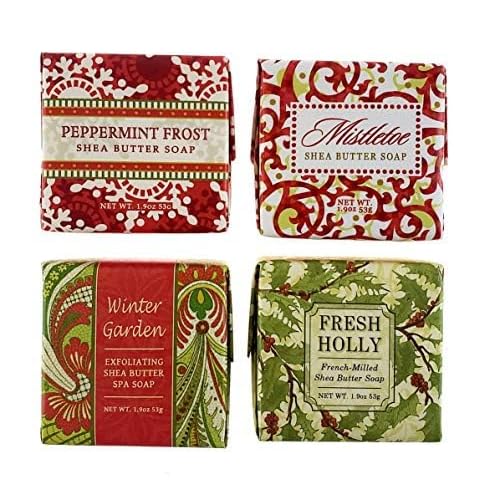 Christmas Soap Sampler- Set of 4 Scents- Mistletoe, Peppermint Frost, Winter Garden and Fresh Holly- Enriched with Shea Butter and Essential Oils- Ideal Basket Filler, Stocking Stuffer for Guests