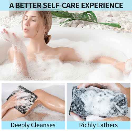 Exfoliating Washcloth Shower Towels, Premium Japanese Exfoliating Body Scrubber, Upgraded Loofah Sponge Rich in Silver Ion and Carbon Fiber, Face & Body Scrub Exfoliator with 2 Levels, Longer