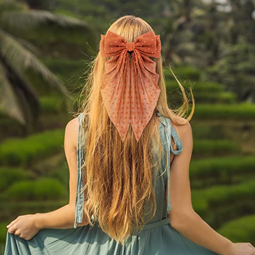Big Bow Hair Accessories 2pcs - Long Tail French Red Beige Barrettes for Women and Girls, Soft Dress Up Decor for Birthday, Bachelorette Party, Christmas, Thanksgiving, Wedding
