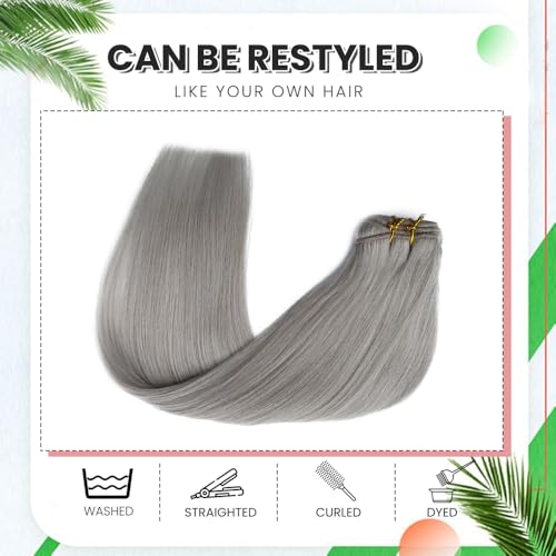 Human Hair Extensions Platinum Sliver 22 Inch Sew in Hair Extensions Real Human Hair Straight Double Weft Extensions for Women Real Hair
