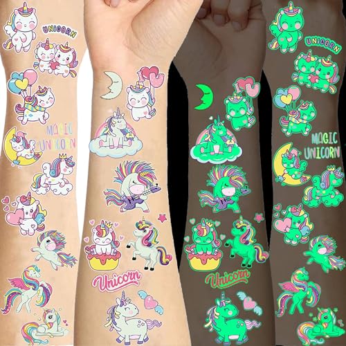 15 Sheets Unicorn Glow in The Dark Temporary Tattoos for Kids Girls Toddler Cute Fun Glitter Night Luminous Waterproof Fake Tattoo Sticker For Children Birthday Gifts Party Supplies Favor