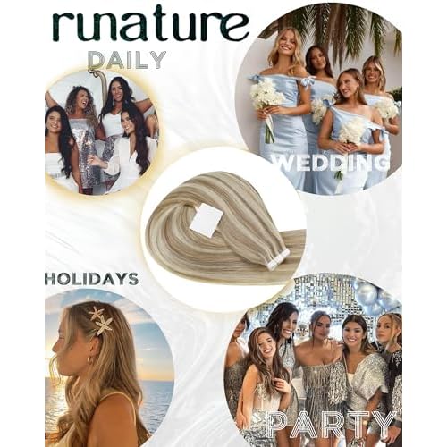 RUNATURE Tape in Hair Extensions Real Human Hair Blonde Tape in Human Hair Extensions 24 Inch Ash Brown with Platinum Blonde Hair Extension Tape ins Real Human Hair 50g 20pcs