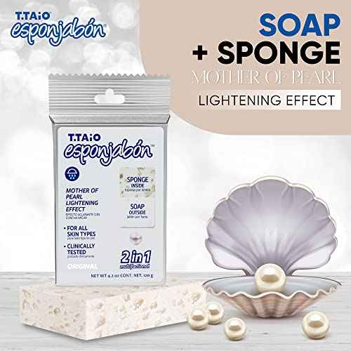 T.Taio Esponjabon Mother of Pearl Soap Sponge - Revitalizing Shower Scrubber for Bath Wash & Oil Removal - Bathroom Essentials with Fresh Scents - Pearl with Mini