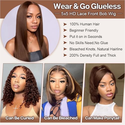Wear and Go Glueless Bob Wig Human Hair 200% Density 5x5 HD Lace Closure Wigs For Black Women Glueless 5x5 Closure Wigs Human Hair Pre Plucked Bob Brown Color 16 Inch