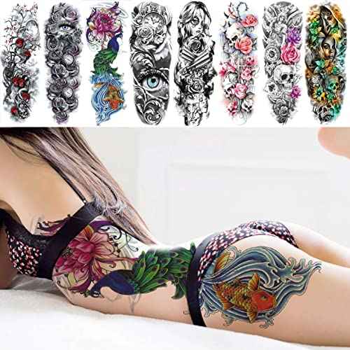 11 Sheets NEZAR Large Vine Peony Flower Rose Full Arm Temporary Tattoos For Women Realistic Skull Skeleton Fake Temporary Tattoo Sleeves Stickers Waterproof Leg Makeup Floral Blossom Tatoos Paper Eye