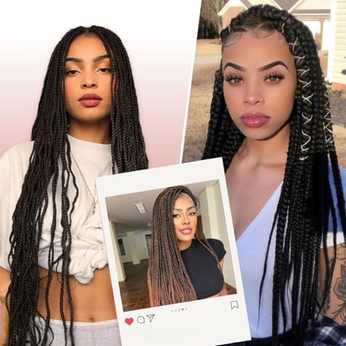 36 Inch Full Lace Braided Wigs for Black Women, 360¡Æ HD Single-layer Square Knotless Box Braid Wig with Baby Hair Handmade Synthetic Hair Blended Lace Front Wig Natural Black
