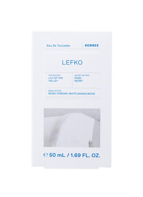KORRES Lefko Eau de Toilette Spray, Lily of the Valley Top, Rose & Peony Heart, Musk Powder White Sandalwood Base, Floral Pudrid Moscusy Scent for Women & Men, Unisex Vegan Fragrance, 1.69 Fl Oz
