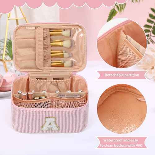 OCHEAL Makeup Bag for Women, Monogram Cosmetic Bag with Brush Holder, Pink Travel Makeup Case Beauty Toiletry Bag Organizer Personalized Gifts for Girls Bridesmaid, Sister, Wife, Friends Initial A