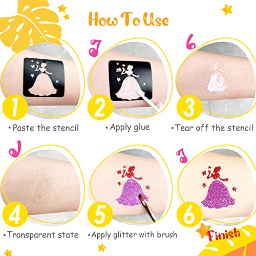 Temporary Glitter Tattoo Kids, Eleanore's Diary 31 Glitter Colors,165 Unique Stencils,2 Glue,4 Brushes,Adults & Kids Arts Glitter Make Up Kit, Gifts for Girls Boys Birthday Party Summer Festival
