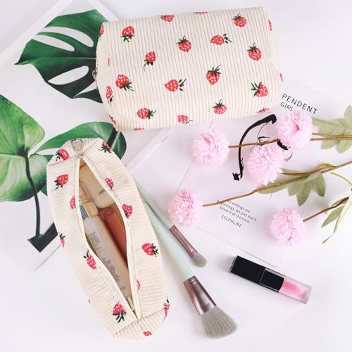 3 Pcs Makeup Bag Cosmetic Bag Set for Girls Women Travel Organizer Bathroom Toiletry Pouch Large Capacity Storage Bag (Strawberry Beige)