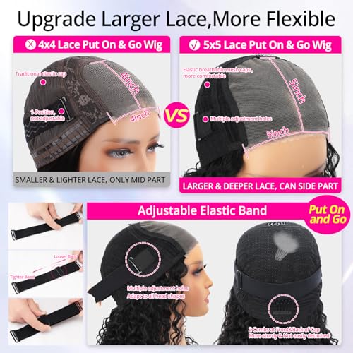 AISI Glueless Wigs Human Hair Pre Plucked Pre Cut Ready to Wear Curly Bob Wigs 5x5 HD Lace Front Wigs for Black Women 180% Density Deep Curly Lace Wigs with Elastic Band for Beginners 16 Inch