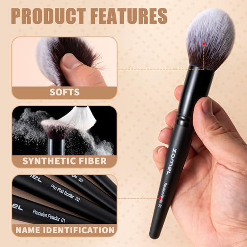 ZAMEL Professional Travel Goat Hair Makeup Brushes Set, 15Pcs Kabuki Face & Eye Makeup Brush set Ultra Soft Dense Flat Foundaiton Blush And Extra-large loose Powder Brush Eyeshadow