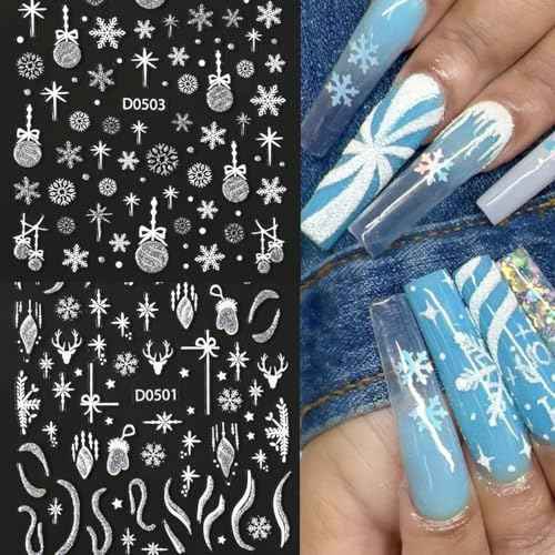 Snowflake Nail Art Stickers - 8 Sheets Christmas & Winter Designs with Silver Glitter Elk Bells