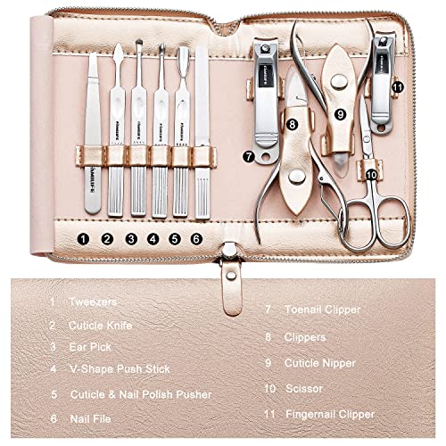 FAMILIFE Gifts for Women, Manicure Set Professional Manicure Kit 11 in 1 Nail Kit Nail Clippers Tools Stainless Steel with Rose Gold Leather Case Travel Sets