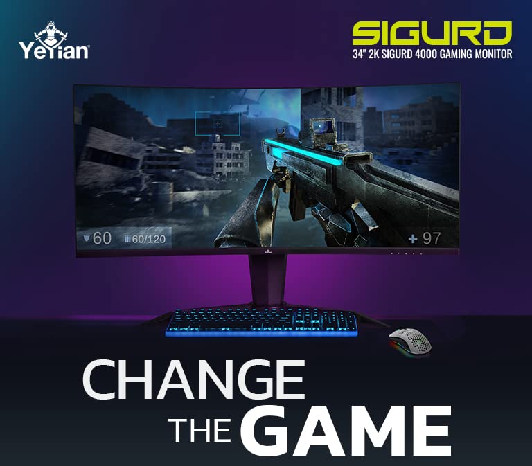 34 inch Ultrawide Curved Gaming Monitor, WQHD 3440X1440 Resolution165 Hz 1ms 1500R VA Screen PC Monitor, YEYIAN Sigurd 4000 2K Monitor, 21:9 PIP/PBP 178° Viewing Angle 121% sRGB 16.7M, Tilt Adjustable