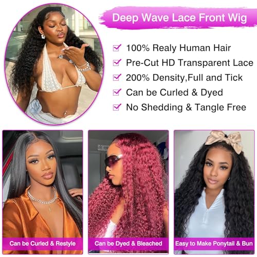 Deep Wave Lace Front Wigs Human Hair 13x6 HD Transparent Lace Front Wigs Human Hair 200% Density Deep Curly Human Hair Wig Pre Plucked Deep Wave Frontal Wigs Natural Color 22 Inch